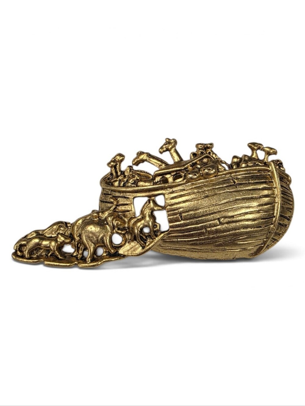 Vintage Noah’s Ark Brooch Pin Gold Tone Biblical Animal Costume Jewelry 1980s